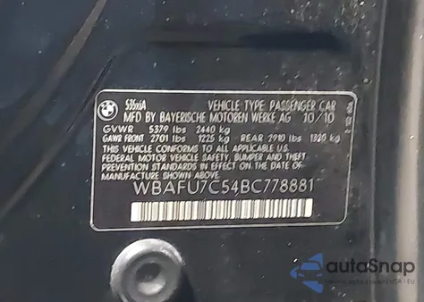 2011 BMW 535I xDrive из США, поврежденный, VIN WBAFU7C54BC778881